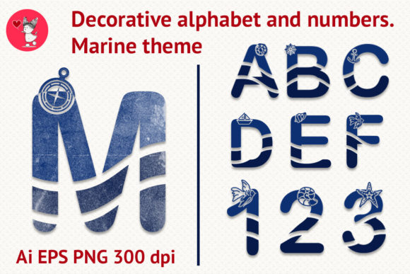 Decorative Alphabet and Numbers. Marine